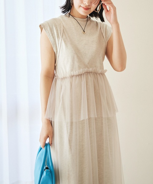 VIS（ビス）の「【洗える】チュールコンビカットワンピース（ワンピース・レディース・オフホワイト/キナリ/ブラック・FREE）」の6枚目の写真
