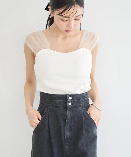 earth music&ecology（アースミュージックアンドエコロジー）の「チュールドッキングカップ付キャミソール（インナーウェア/肌着・レディース・ブラック/アイボリー/グレー・M/S）」の2枚目の写真