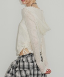 サイドギャザー透かし編みフーディトップス