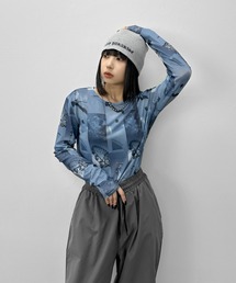 【LVEU.】フォトプリントクルーネックシアートップス / トップス カットソー シアー シースルー プリント フォト 長袖 クルーネック レイヤード ブラック ブルー