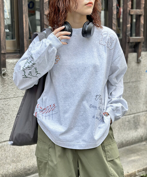 CPCM（シーピーシーエム）の「落書き刺繍ロンT（Tシャツ/カットソー・レディース・ホワイト/ネイビー/ブラック/グレー・MEDIUM/LARGE）」の3枚目の写真