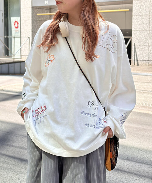 CPCM（シーピーシーエム）の「落書き刺繍ロンT（Tシャツ/カットソー・レディース・ホワイト/ネイビー/ブラック/グレー・MEDIUM/LARGE）」の2枚目の写真