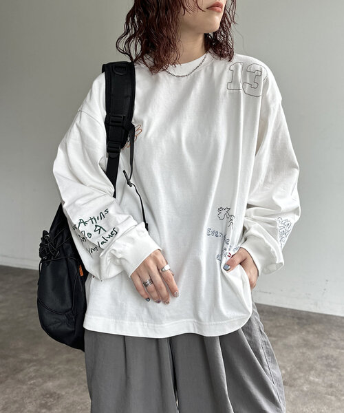 CPCM（シーピーシーエム）の「落書き刺繍ロンT（Tシャツ/カットソー・レディース・ホワイト/ネイビー/ブラック/グレー・MEDIUM/LARGE）」の5枚目の写真