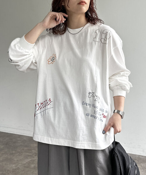 CPCM（シーピーシーエム）の「落書き刺繍ロンT（Tシャツ/カットソー・レディース・ホワイト/ネイビー/ブラック/グレー・MEDIUM/LARGE）」の9枚目の写真