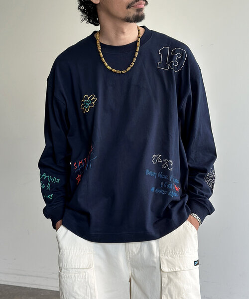 刺繍Tシャツ 刺繍 ロンＴ Ｔシャツ 長袖 T-shirts 落書き刺繍ロンT | ファッション通販サイト NUGU