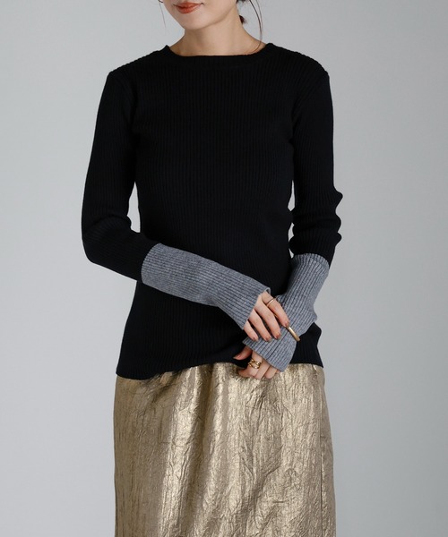 r.（アールドット）の「リブニット　バイカラースリーブプルオーバー（ニット/セーター・レディース・ターコイズブルー/グレー/カーキ/ブラック/ベージュ・FREE）」の2枚目の写真