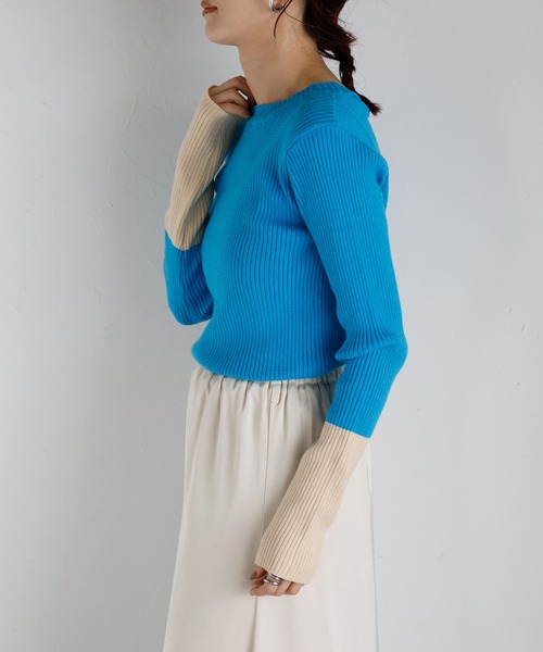 r.（アールドット）の「リブニット　バイカラースリーブプルオーバー（ニット/セーター・レディース・ターコイズブルー/グレー/カーキ/ブラック/ベージュ・FREE）」の22枚目の写真