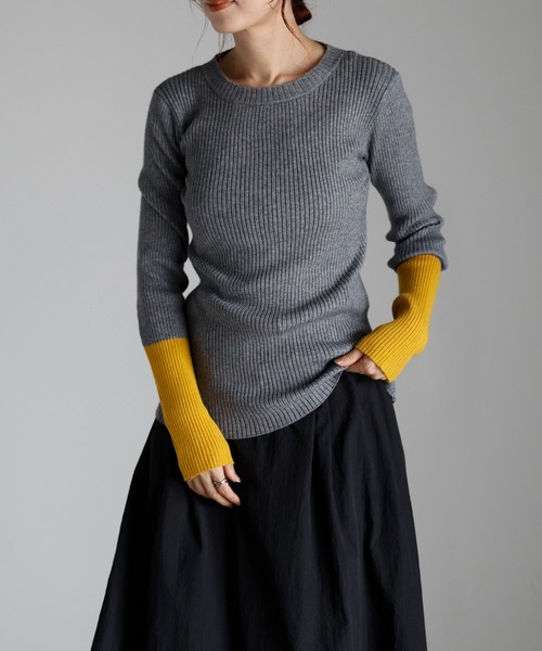 r.（アールドット）の「リブニット　バイカラースリーブプルオーバー（ニット/セーター・レディース・ターコイズブルー/グレー/カーキ/ブラック/ベージュ・FREE）」の11枚目の写真