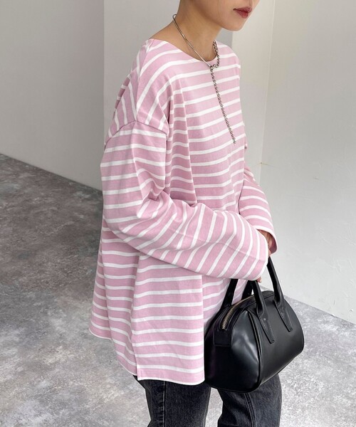 fredy emue(フレディエミュ)の「ボーダースナップテープBIG ロンTシャツ(Tシャツ/カットソー・レディース・ピンク系その他/ホワイト系その他/ブラック系その他/ホワイト系その他2・38)」の2枚目の写真
