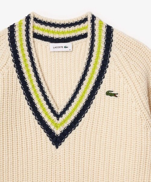 【入手困難】LACOSTE ニットセーターベスト 5 イエロー 大きいサイズ セール】ヘビーウェイト ウールチルデンニットセーター / V