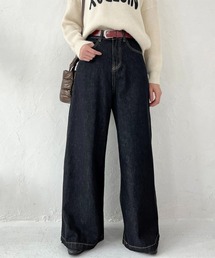 太ベルト付き ハイウエストワイドデニムパンツ