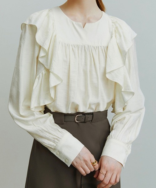 Miniministore(ミニミニストア)の「ラッフルブラウス韓国風 レディース 長袖(シャツ/ブラウス・レディース・ブラック/アイボリー・FREE)」の1枚目の写真