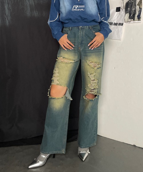 ROGER AND RAW(ロジャーアンドロウ)の「ダメージワイドパンツ(デニムパンツ・レディース・ブラック/ブルー・SMALL/MEDIUM)」の1枚目の写真
