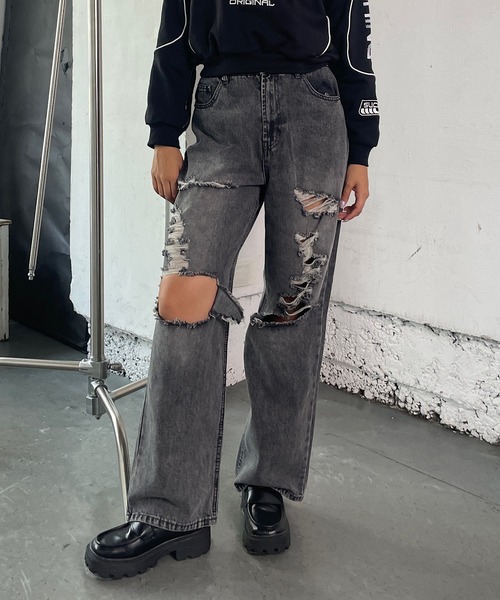 ROGER AND RAW(ロジャーアンドロウ)の「ダメージワイドパンツ(デニムパンツ・レディース・ブラック/ブルー・SMALL/MEDIUM)」の12枚目の写真