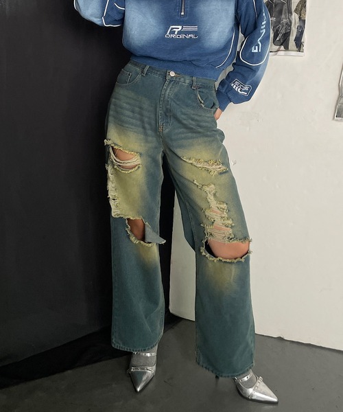 ROGER AND RAW(ロジャーアンドロウ)の「ダメージワイドパンツ(デニムパンツ・レディース・ブラック/ブルー・SMALL/MEDIUM)」の6枚目の写真