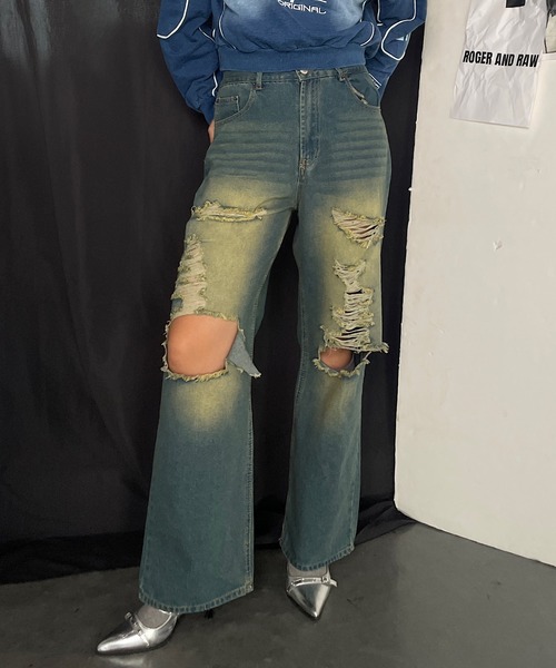 ROGER AND RAW(ロジャーアンドロウ)の「ダメージワイドパンツ(デニムパンツ・レディース・ブラック/ブルー・SMALL/MEDIUM)」の5枚目の写真