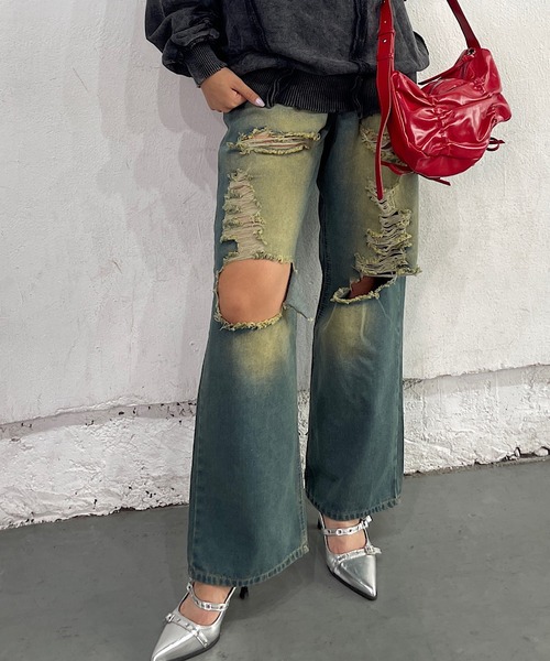 ROGER AND RAW(ロジャーアンドロウ)の「ダメージワイドパンツ(デニムパンツ・レディース・ブラック/ブルー・SMALL/MEDIUM)」の3枚目の写真