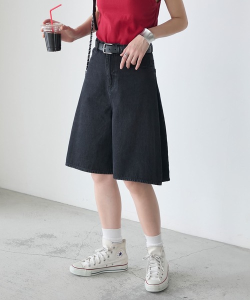 セリーヌ　トリオンフチェーン装飾 ハーフ デニムパンツ キュロット セール】サイドタックデニムキュロットハーフパンツ（デニム