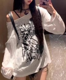 透かし編み ロゴプリント オーバーサイズ ロンT