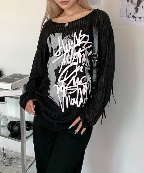 lilful(リルフル)の「透かし編み ロゴプリント オーバーサイズ ロンT(Tシャツ/カットソー・レディース・ブラック/ホワイト・L/M)」の9枚目の写真