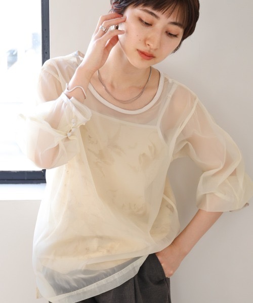 Bab(バブ)の「マーブルキャミソール付きシアートップスセット(シャツ/ブラウス・レディース・ベージュ/グレー系その他/グレー/グリーン・MEDIUM)」の2枚目の写真