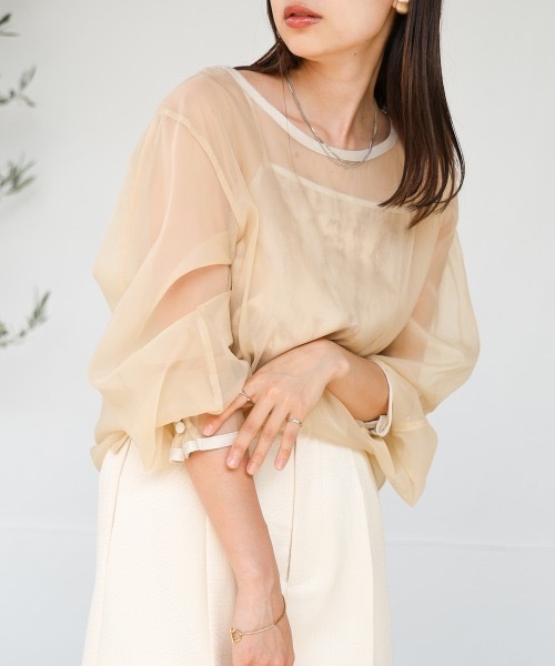 Bab(バブ)の「マーブルキャミソール付きシアートップスセット(シャツ/ブラウス・レディース・ベージュ/グレー系その他/グレー/グリーン・MEDIUM)」の10枚目の写真