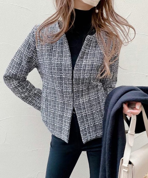 aquagarage（アクアガレージ）の「ノーカラーツイードジャケット（その他アウター・レディース・ブラック/オフホワイト・M/L）」の9枚目の写真