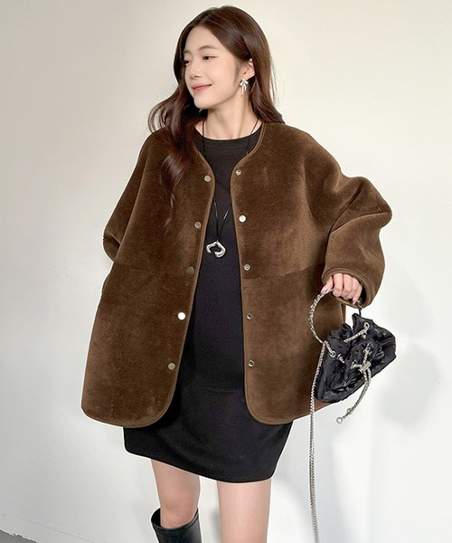 セール】2WAYリバーシブルノーカラーコート（フェイクムートン/ボア