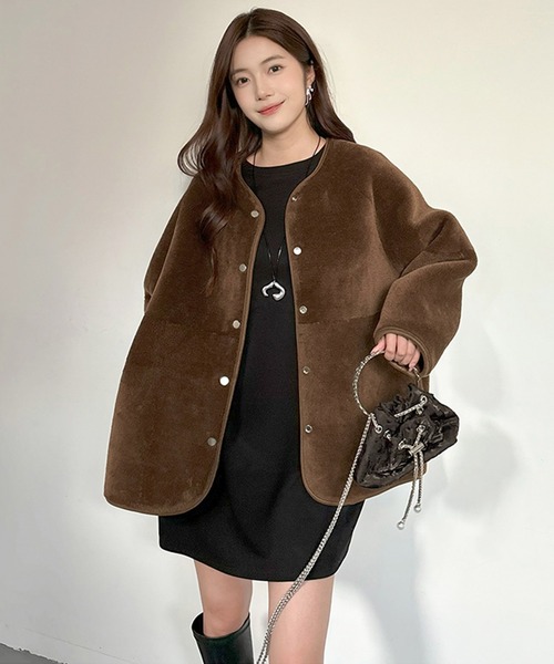 セール】2WAYリバーシブルノーカラーコート（フェイクムートン/ボア