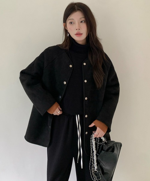 セール】2WAYリバーシブルノーカラーコート（フェイクムートン/ボア