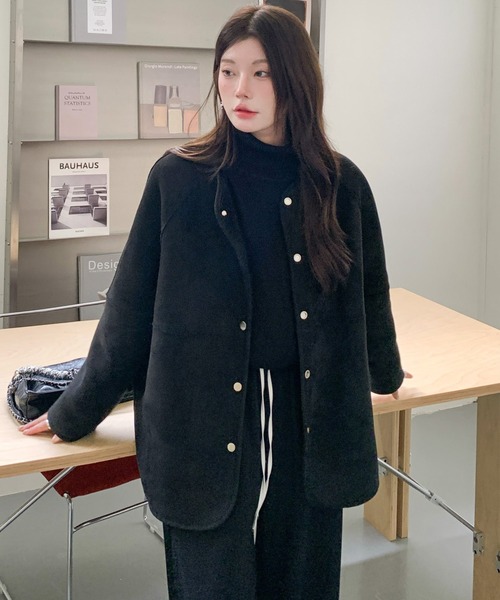 セール】2WAYリバーシブルノーカラーコート（フェイクムートン/ボア