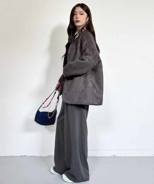 セール】2WAYリバーシブルノーカラーコート（フェイクムートン/ボア