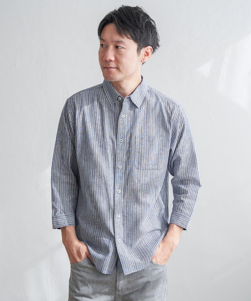 ikka（イッカ）の「【吸水速乾】7分袖イージーケアリネンストライプシャツ（シャツ/ブラウス・メンズ・ベージュ/ネイビー・XL/L/M/S）」の16枚目の写真