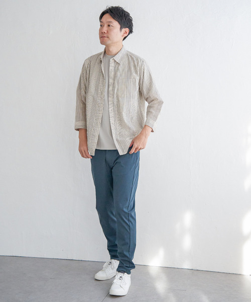 ikka（イッカ）の「【吸水速乾】7分袖イージーケアリネンストライプシャツ（シャツ/ブラウス・メンズ・ベージュ/ネイビー・XL/L/M/S）」の12枚目の写真
