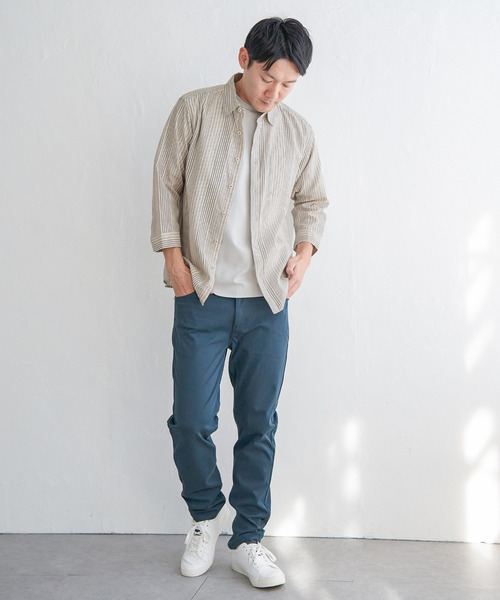 ikka（イッカ）の「【吸水速乾】7分袖イージーケアリネンストライプシャツ（シャツ/ブラウス・メンズ・ベージュ/ネイビー・XL/L/M/S）」の13枚目の写真