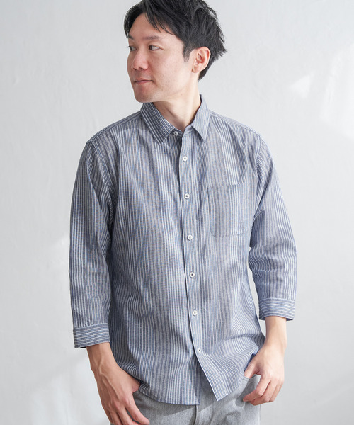 ikka（イッカ）の「【吸水速乾】7分袖イージーケアリネンストライプシャツ（シャツ/ブラウス・メンズ・ベージュ/ネイビー・XL/L/M/S）」の4枚目の写真