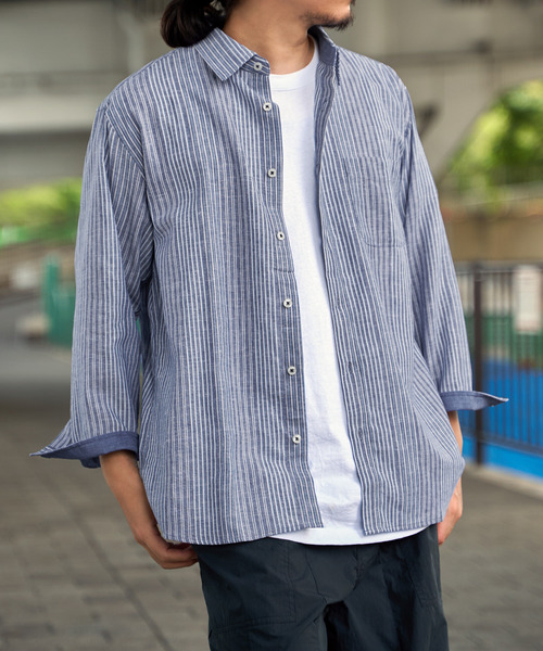 ikka（イッカ）の「【吸水速乾】7分袖イージーケアリネンストライプシャツ（シャツ/ブラウス・メンズ・ベージュ/ネイビー・XL/L/M/S）」の11枚目の写真
