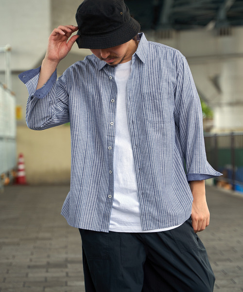 ikka（イッカ）の「【吸水速乾】7分袖イージーケアリネンストライプシャツ（シャツ/ブラウス・メンズ・ベージュ/ネイビー・XL/L/M/S）」の10枚目の写真