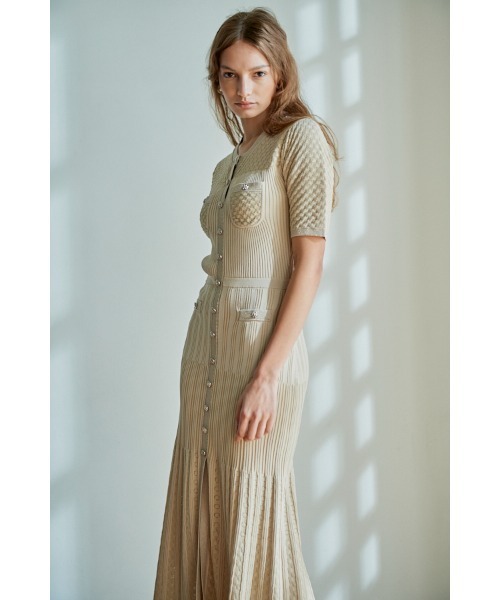 【シンプル上品なきらめき♪】LV ★ ブークレ ニットドレス Elise Long Dress モノクロマティックプリントドレス