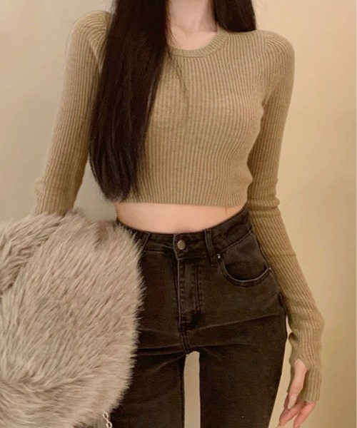 kirakiraShop(キラキラショップ)の「ショート丈 リブニット トップス(ニット/セーター・レディース・チャコール/キャメル/ホワイト/ブラック・FREE)」の4枚目の写真