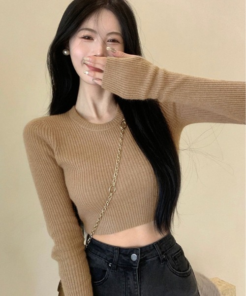 kirakiraShop(キラキラショップ)の「ショート丈 リブニット トップス(ニット/セーター・レディース・チャコール/キャメル/ホワイト/ブラック・FREE)」の5枚目の写真