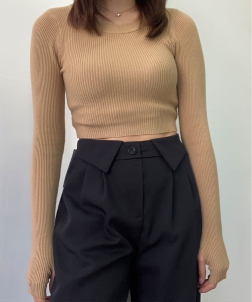 kirakiraShop(キラキラショップ)の「ショート丈 リブニット トップス(ニット/セーター・レディース・チャコール/キャメル/ホワイト/ブラック・FREE)」の7枚目の写真
