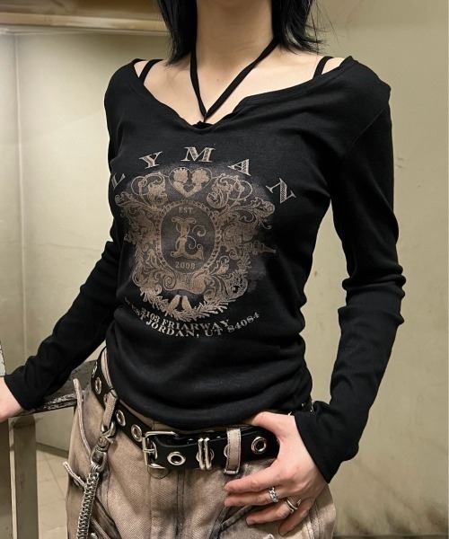 tシャツ 「XU」v neck vintage print long sleeve tee レディース XU（エックスユー）の「【XU】v neck vintage print long sleeve