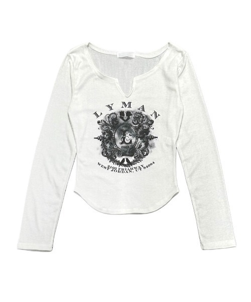 XU(エックスユー)の「【Never mind the XU】v neck vintage print long sleeve tee / 【ネバーマインド ザ エックスユー】Vネックヴィンテージプリント長袖Tシャツ(Tシャツ/カットソー・レディース・ホワイト/ブラック/グレー・ONE SIZE)」の6枚目の写真