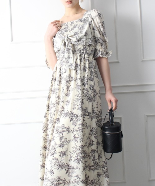 セール】花柄シャーリングリボンショートスリーブワンピース