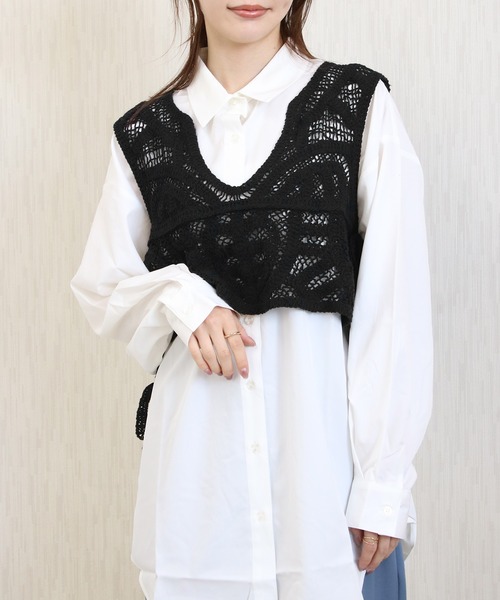 Social GIRL(ソーシャルガール)の「クロシェ編みショートベスト(ベスト・レディース・ブラック/アイボリー・M)」の8枚目の写真