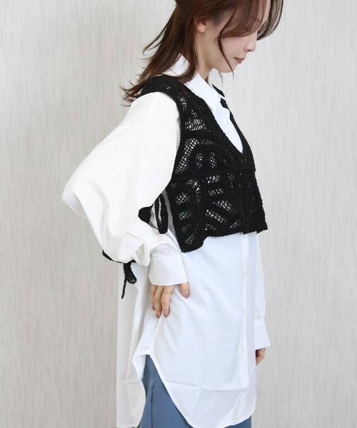 Social GIRL(ソーシャルガール)の「クロシェ編みショートベスト(ベスト・レディース・ブラック/アイボリー・M)」の9枚目の写真