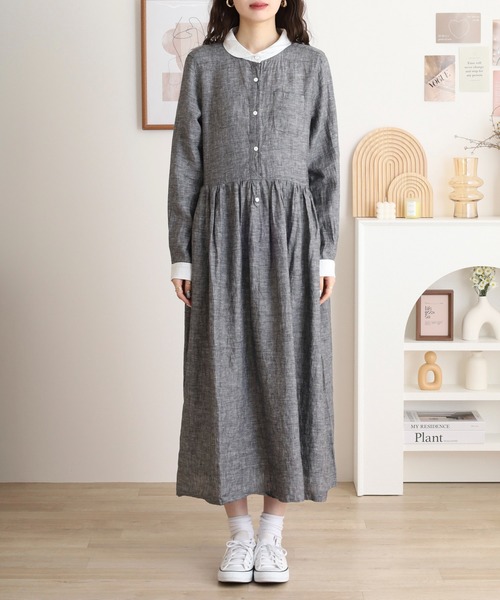 ubasoku(ウバソク)の「麻 小衿 ウエストギャザー長袖ワンピース(ワンピース・レディース・ブラック系その他・FREE)」の5枚目の写真