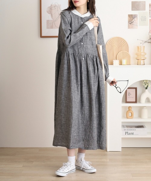 ubasoku(ウバソク)の「麻 小衿 ウエストギャザー長袖ワンピース(ワンピース・レディース・ブラック系その他・FREE)」の2枚目の写真