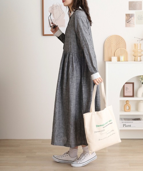 ubasoku(ウバソク)の「麻 小衿 ウエストギャザー長袖ワンピース(ワンピース・レディース・ブラック系その他・FREE)」の4枚目の写真